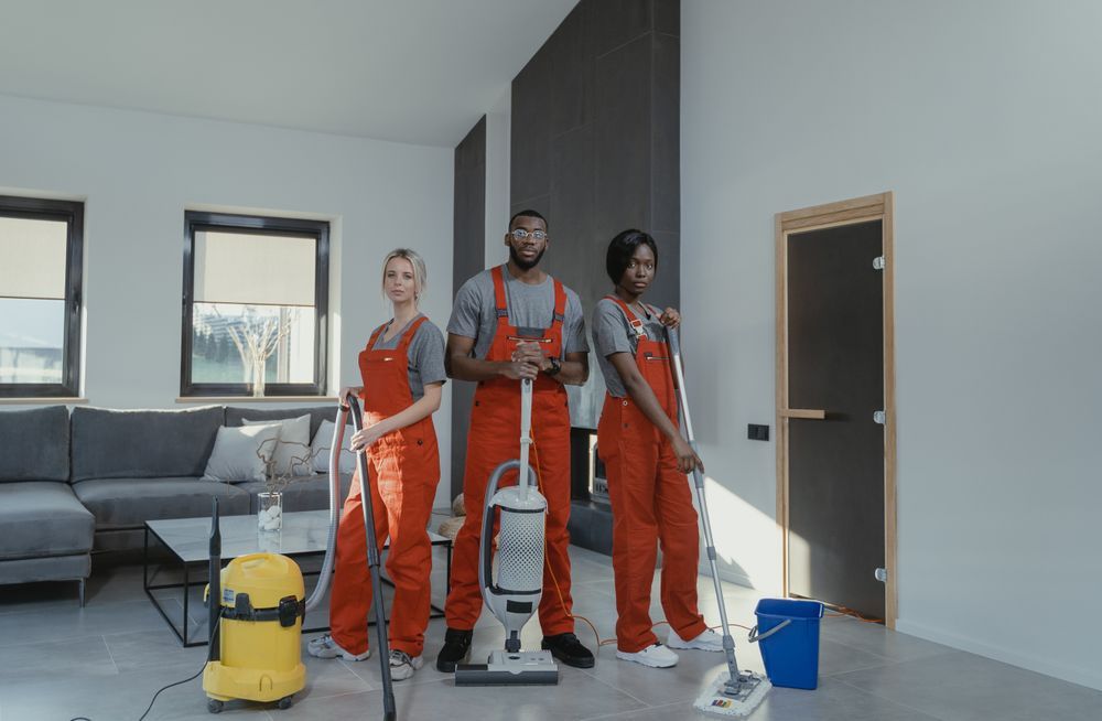 Professional cleaning team ready to clean a modern living room